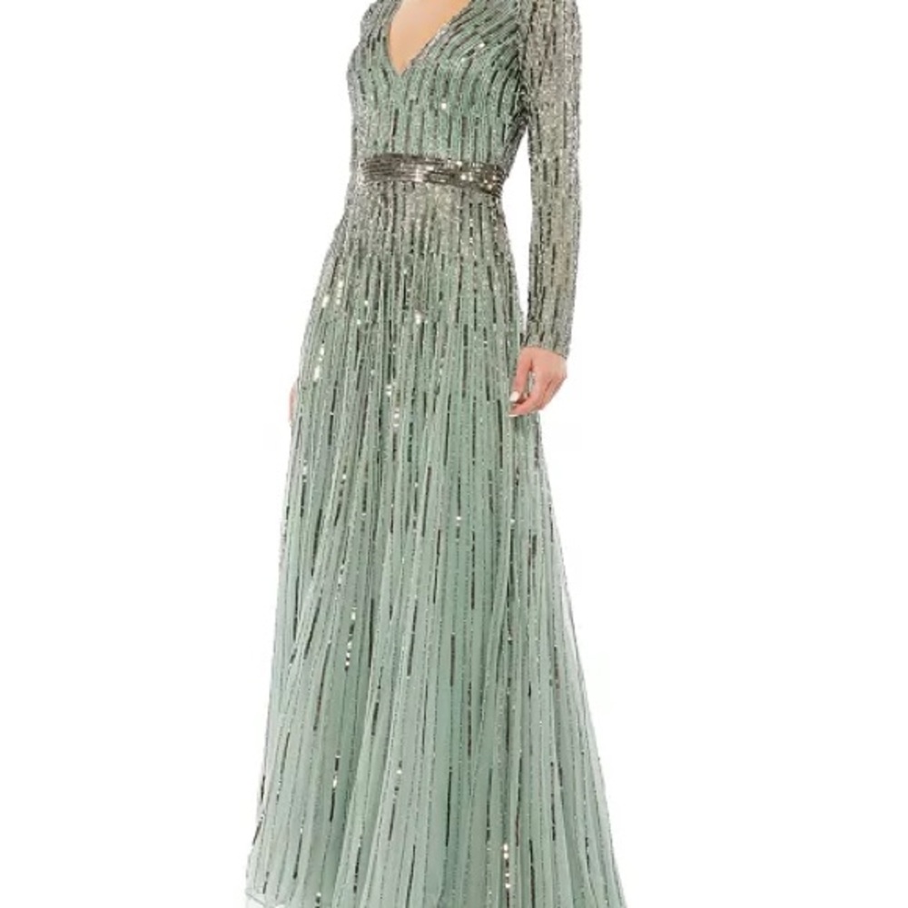 Mac Duggal Green Sequin Maxi Gown with Bishop Sleeves